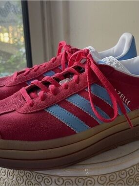 adidas red suede sneakers with light blue stripes
